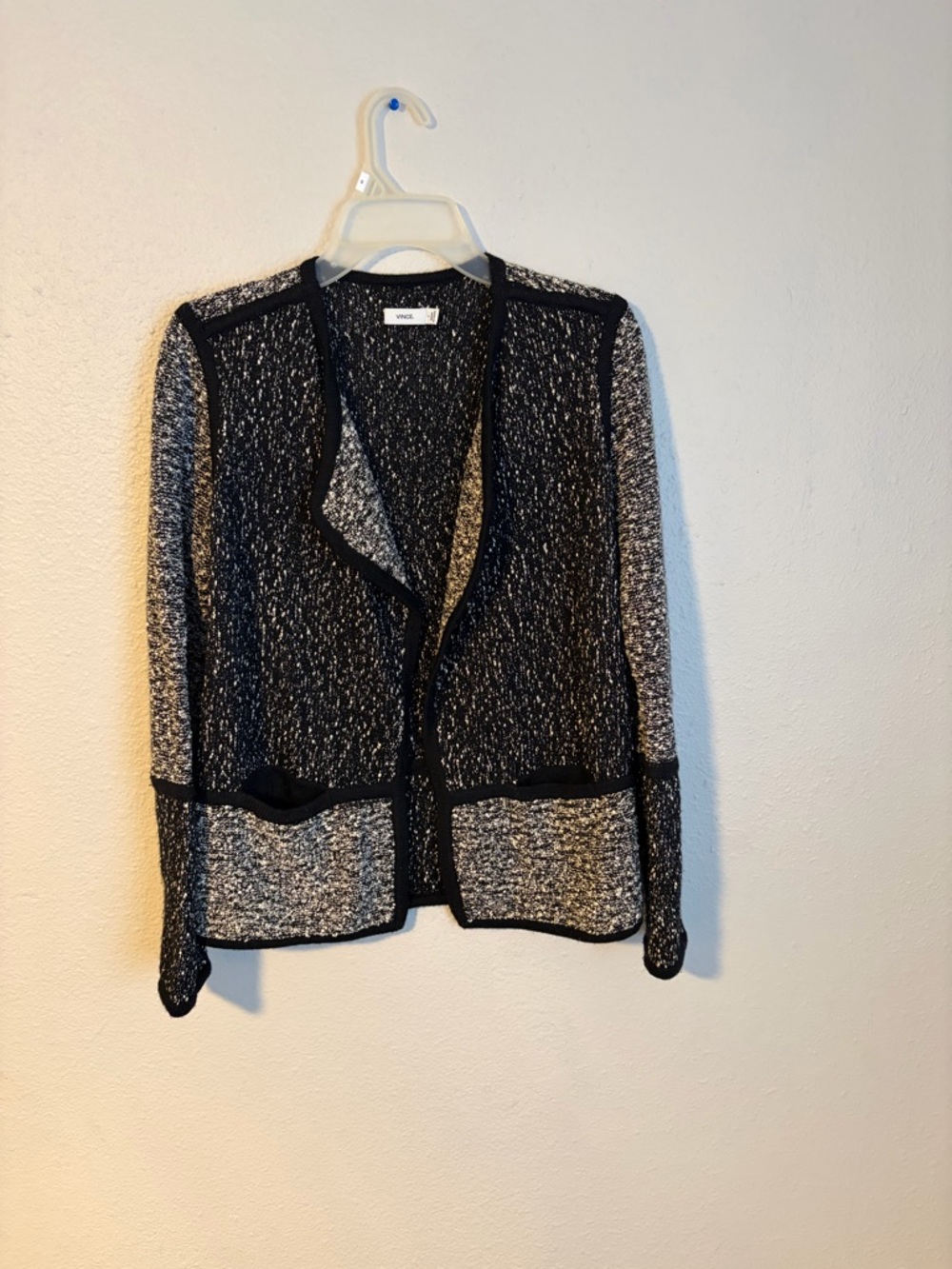 Vince Black and White Marbled Open Cotton Wool Knit Cardigan Cottagecore